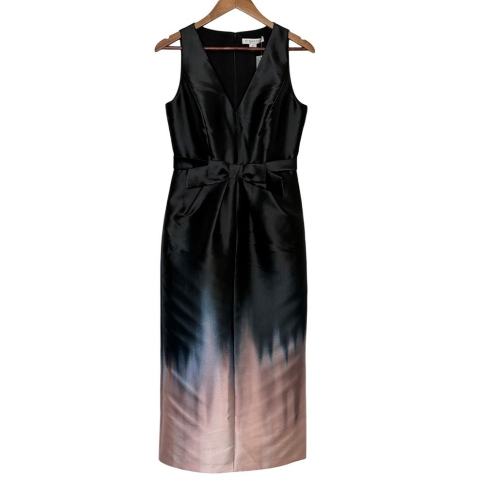 Kay Unger Ombre Satin Bow Waist Midi Dress Black Blush Size 6 NWT